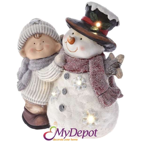 Светеща фигурка, дете със снежен човек, 34х19х38 см