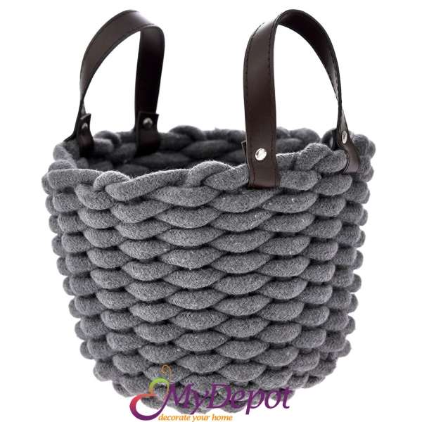 Плетена кошница памук с кожени дръжки, сива, 22х16 см