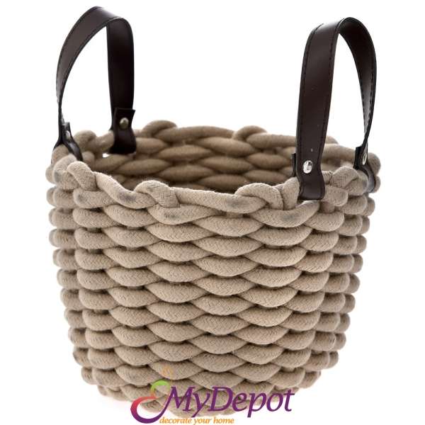 Плетена кошница памук с кожени дръжки, беж, 22х16 см