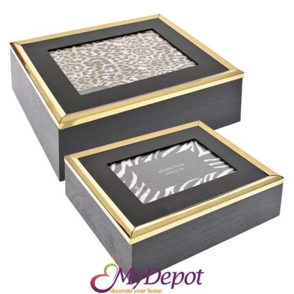Дървена кутия с рамка за снимки, черно и златно, к-т 2 бр, 25х20х9 см, 22х17х7 см