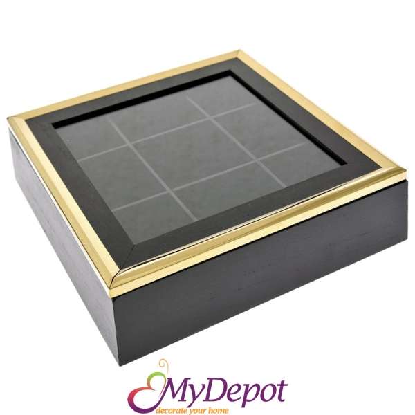 Дървена кутия, черно и златно, 24х24х8 см