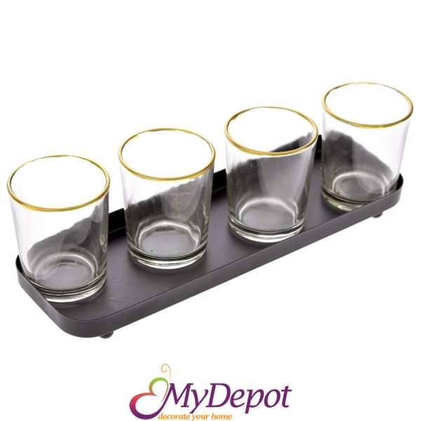 Метален поднос с 4 стъклени свещника, черно и златно, 25х8 см