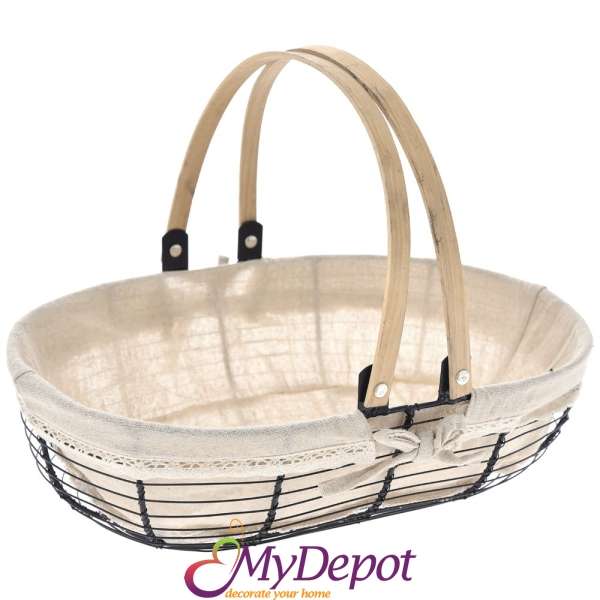 Метална кошница с плат и двойна дървена дръжка, 38х26х14 см