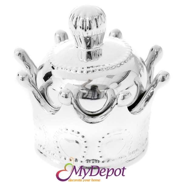 Керамичен буркан корона с капак, сребро, 9х10 см