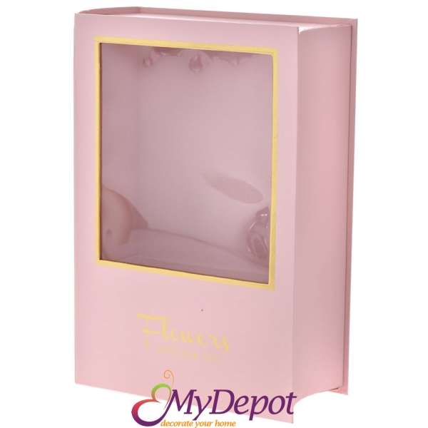 Картонена кутия книга с прозорче, розова, 29х19х9 см