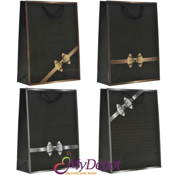 Подаръчна торбичка черна, сива / златна панделка, 4 модела, 16х8х20 см