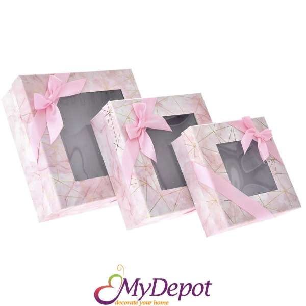 Комплект 3 бр, картонени кутии с прозрачен капак, розова панделка, 17х17х7/19х19х8/23х23х9 см