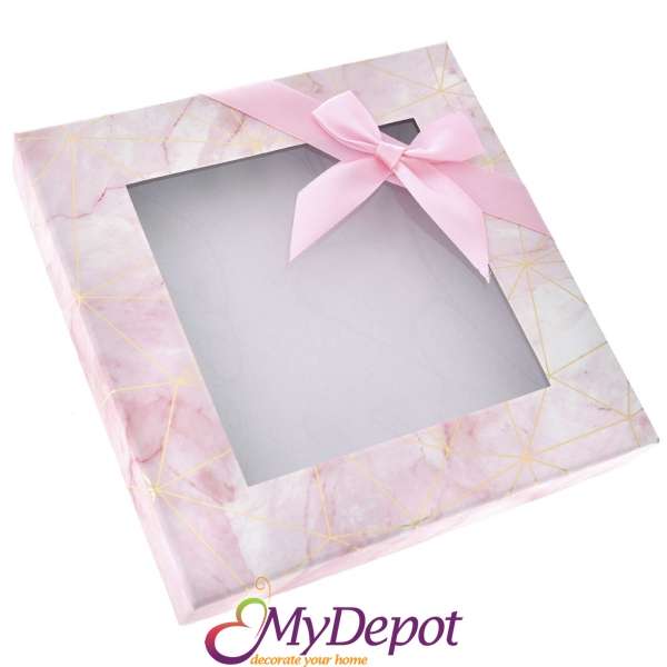 Картонена кутия с прозрачен капак, розова панделка, 23х23х4 см