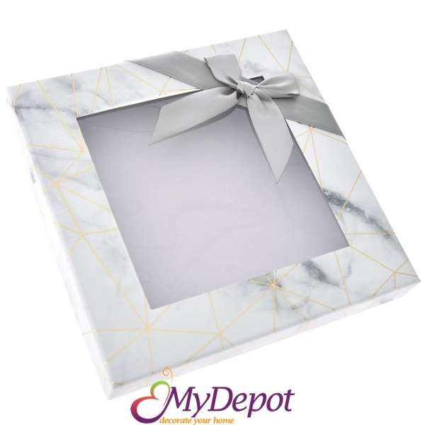Картонена кутия с прозрачен капак, сива панделка, 23х23х4 см