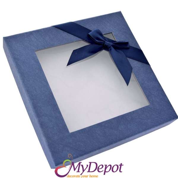Картонена кутия с прозрачен капак, синя панделка, 23х23х4 см