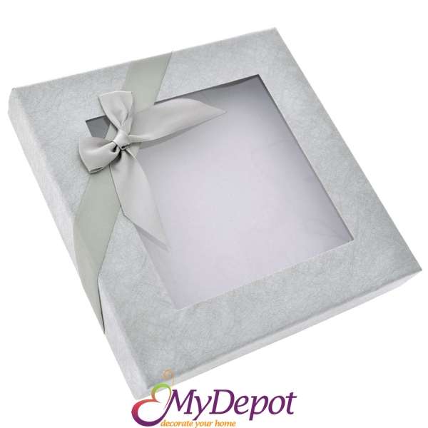 Картонена кутия с прозрачен капак, сива панделка, 23х23х4 см