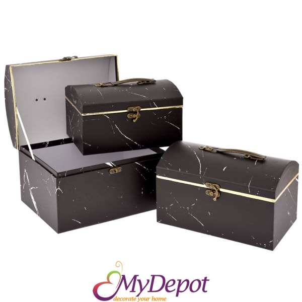 Комплект 3 бр. картонени кутии куфарче, черно и златно, 23х14х13/24х16х15/26х18х17 см