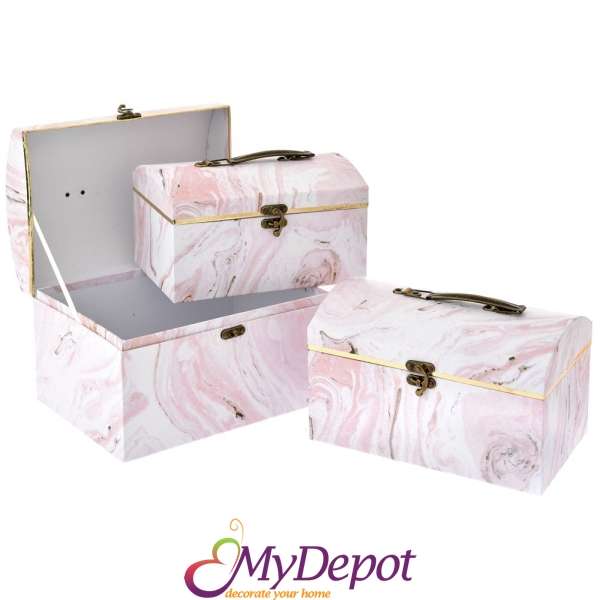 Комплект 3 бр. картонени кутии куфарче, бяло и розово, 23х14х13/24х16х15/26х18х17 см