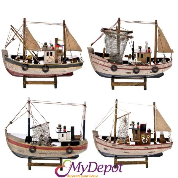 Дървена мини рибарска лодка, 4 модела, 19х12 см