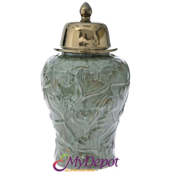 Керамична ваза с капак, зелена, Ф 25х32,5 см