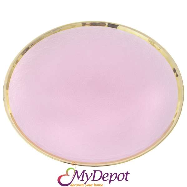 Стъклена чиния със златен кант, розова, Ф 30 см