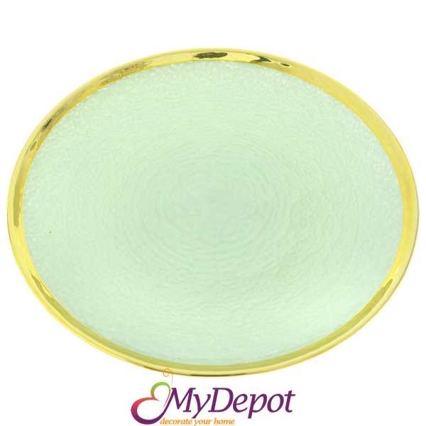 Стъклена чиния със златен кант, зелена, Ф 30 см