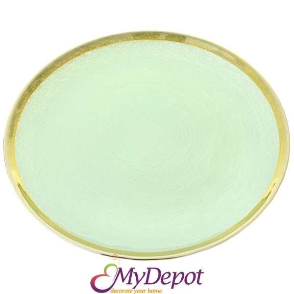Стъклена чиния със златен кант, зелена, Ф 26 см