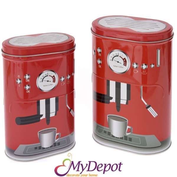 Комплект метални кутии за кафе, червени, 18х12х7/20х13х9 см