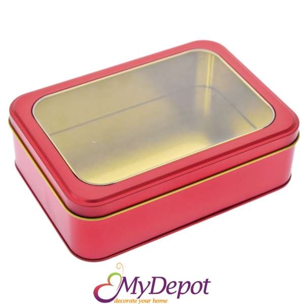 Метална кутия с прозрачен капак, червена, 19х14х5 см