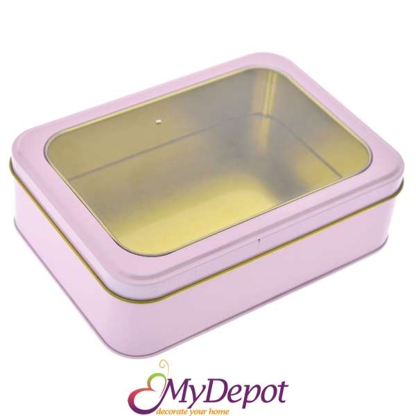 Метална кутия с прозрачен капак, розова, 19х14х5 см