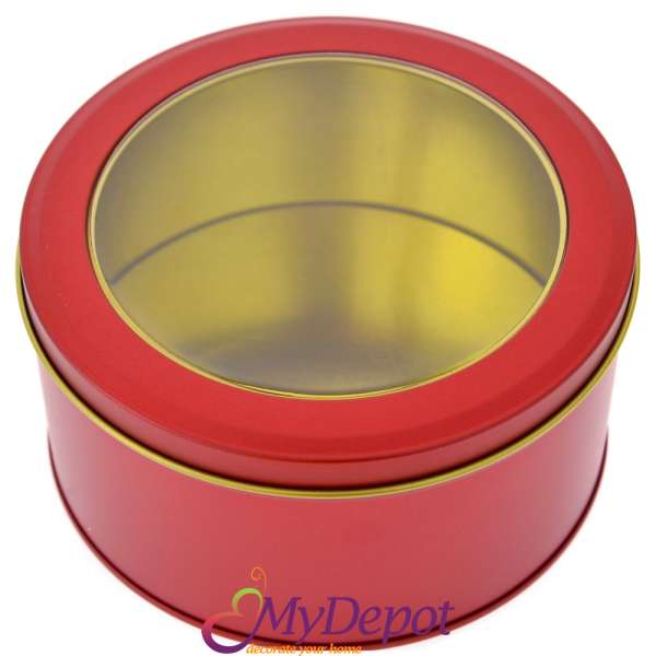 Метална кутия с прозрачен капак, червена, Ф 14х7 см
