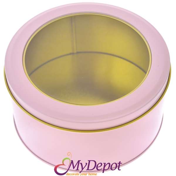 Метална кутия с прозрачен капак, розова, Ф 14х7 см