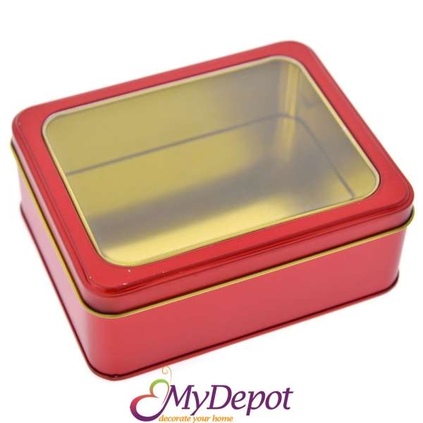 Метална кутия с прозрачен капак, червена, 14х11х5 см