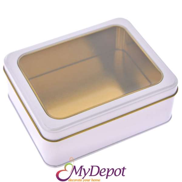 Метална кутия с прозрачен капак, бяла, 14х11х5 см