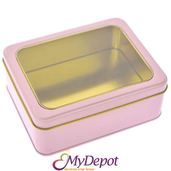 Метална кутия с прозрачен капак, розова, 14х11х5 см