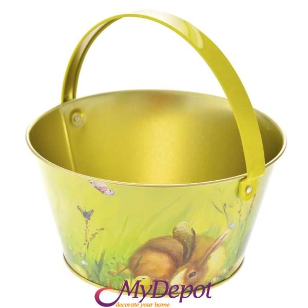 Метална кошница със зайче, жълта, 10х14х20 см