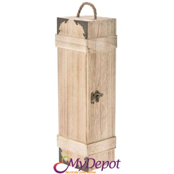 Дървена кутия за вино с метални орнаменти, 10х9х35 см