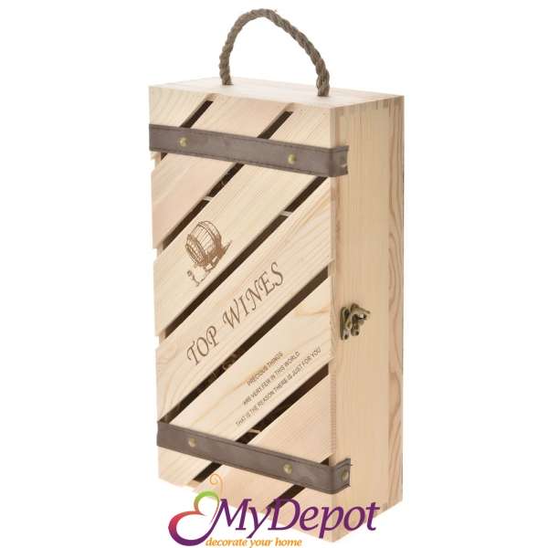 Дървена кутия за вино с кожени орнаменти, двойна, 20х10х35 см