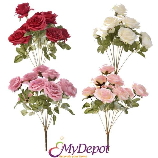 Букет от 11 изкуствени рози, 4 цвята, 46 см