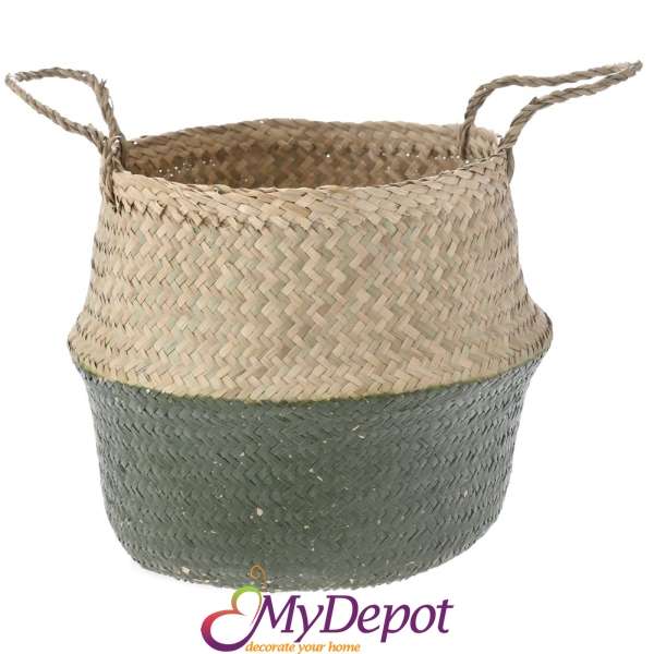 Плетена кошница с дръжки от морска трева, зелено и натурал, Ф35х32 см