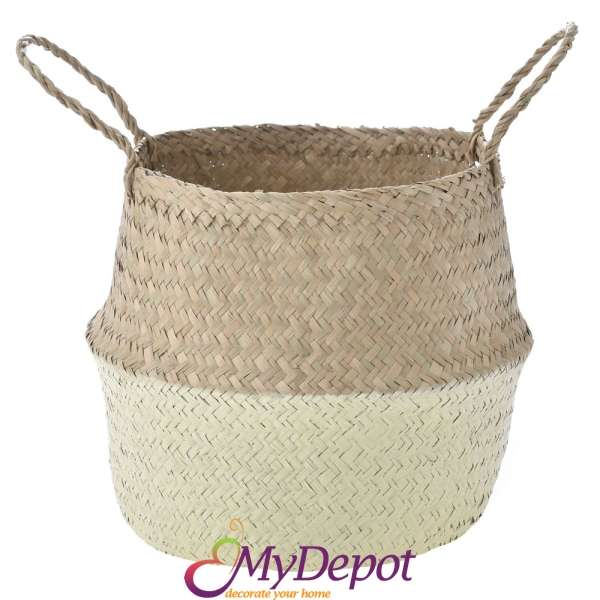 Плетена кошница с дръжки от морска трева, крем и натурал, Ф35х32 см