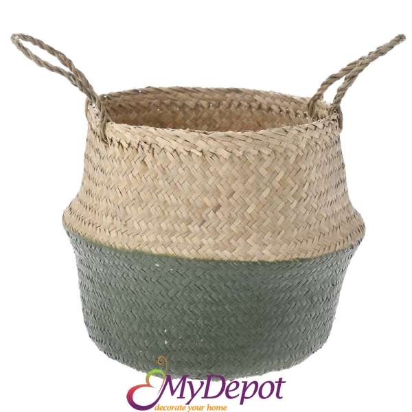Плетена кошница с дръжки от морска трева, зелено и натурал, Ф30х28 см