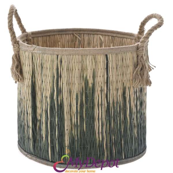 Плетен кош с дръжки от бамбук и морска трева, зелено и натурал, Ф30х25 см