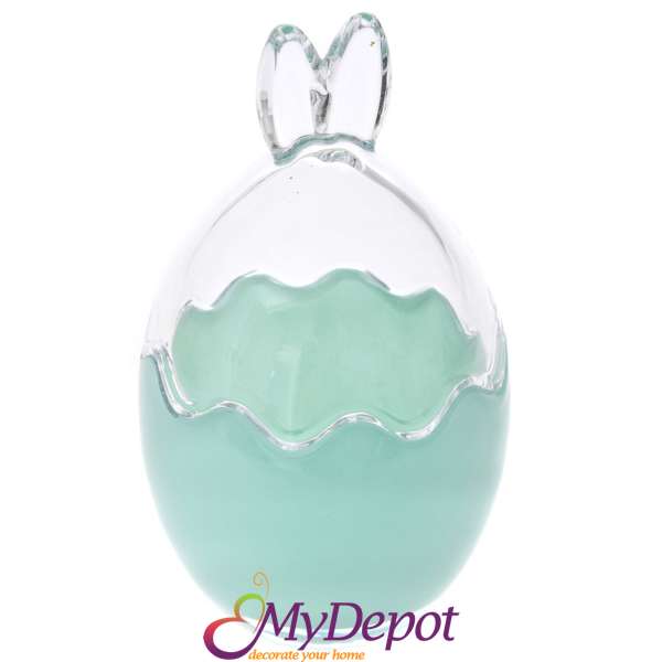 Стъклена тюркоазена яйцедържачка с прозрачен капак,  Ф10х17 см