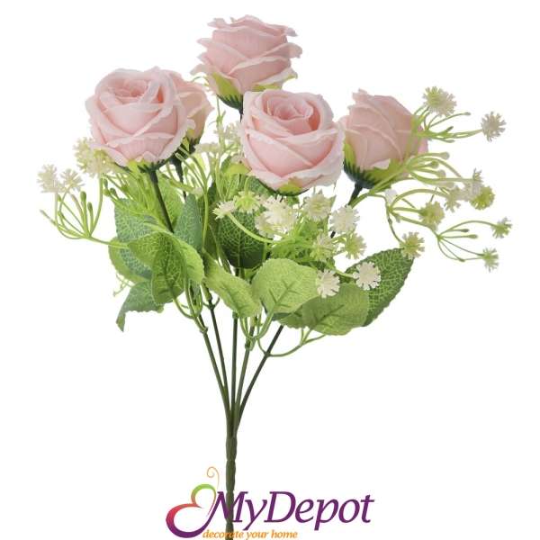 Букет от изкуствени рози, розов, 29 см