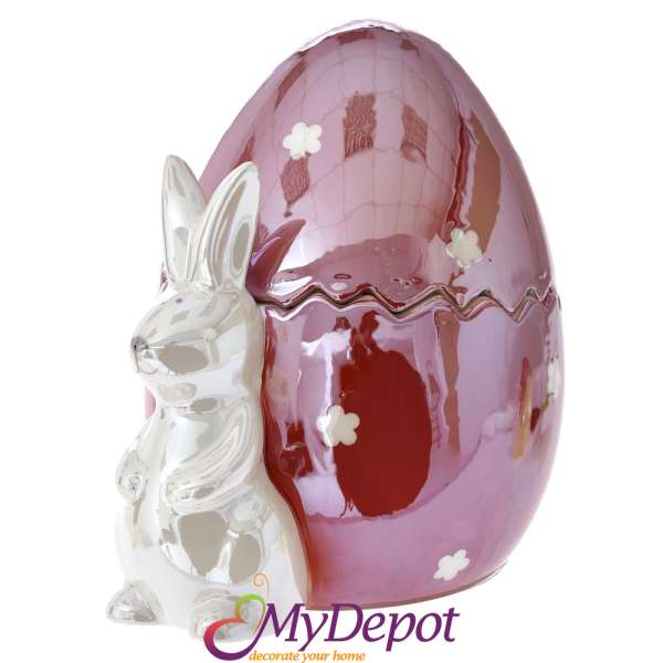 Керамичен буркан яйце със заек, червен, 16х13х18 см