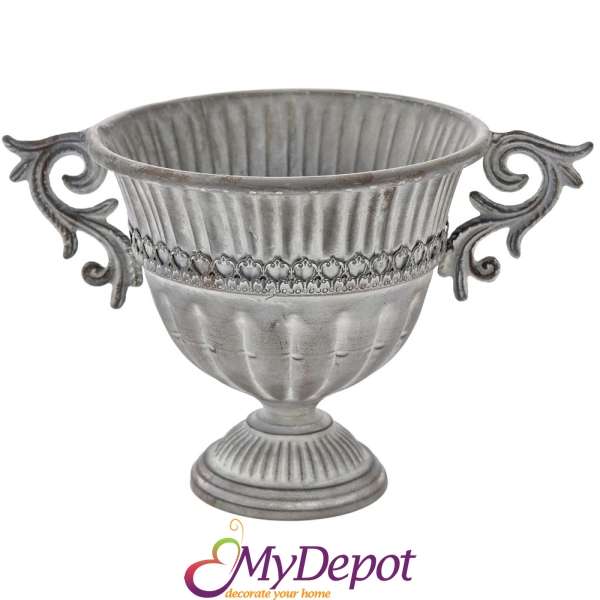 Старинна метална ваза с дръжки, сива, 36х24х23 см
