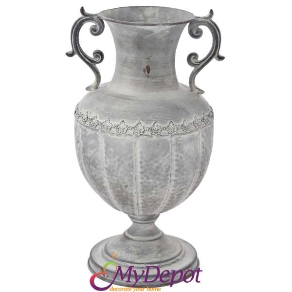 Старинна метална ваза с дръжки, сива, 20х20х30 см