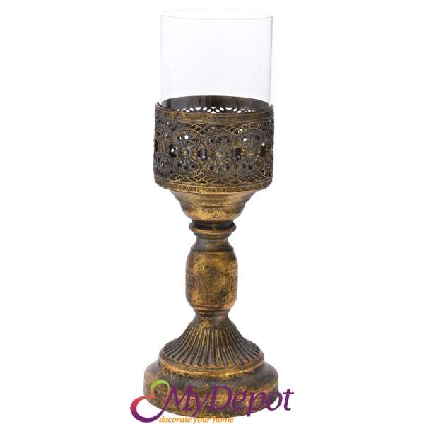 Старинен метален свещник, злато, Ф13х35 см