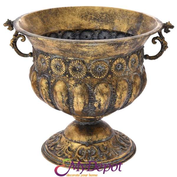 Старинна метална ваза с дръжки, злато, 49х43х42 см