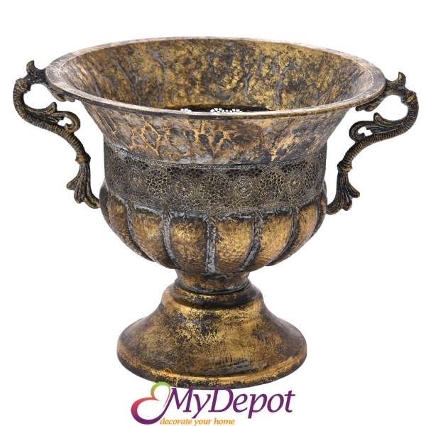 Старинна метална ваза с дръжки, злато, 46х35х35 см