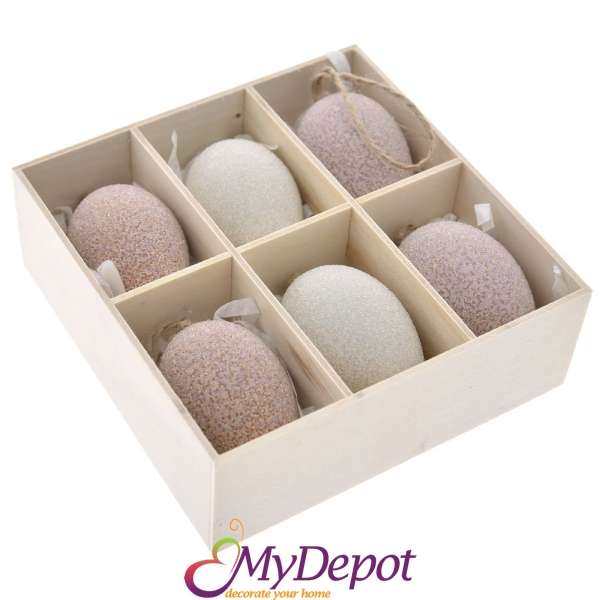 Яйца пластик покрити с мъниста, 6 бр. в дървена кутия, 7 см
