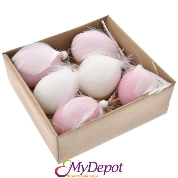Яйца пластик с пера, бяло/розово, 6 бр, в кутия, 7 см