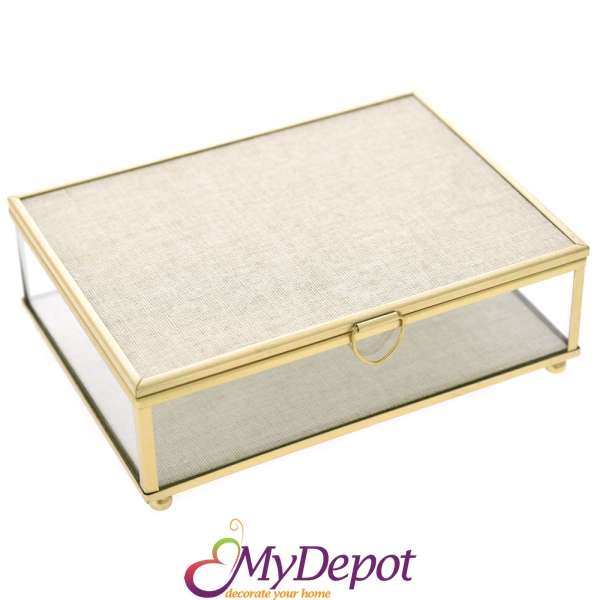 Кутия за бижута, метал и стъкло, злато, 18х13х8 см