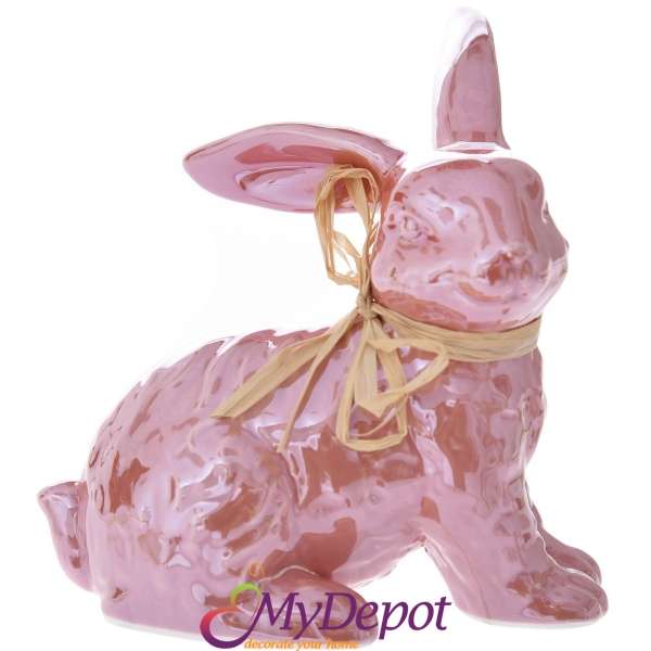 Керамична фигурка заек, гланц, розов, 13х8х12 см